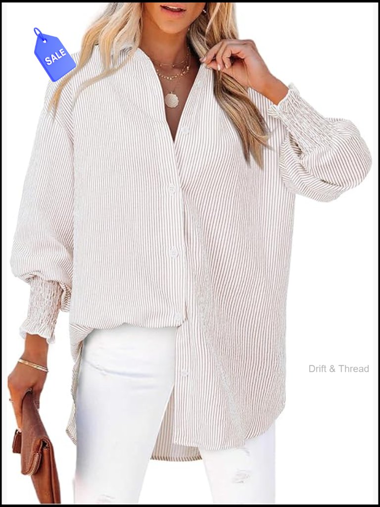 Striped Button Down Blouse Long Sleeve Smocked Cuff Oversized